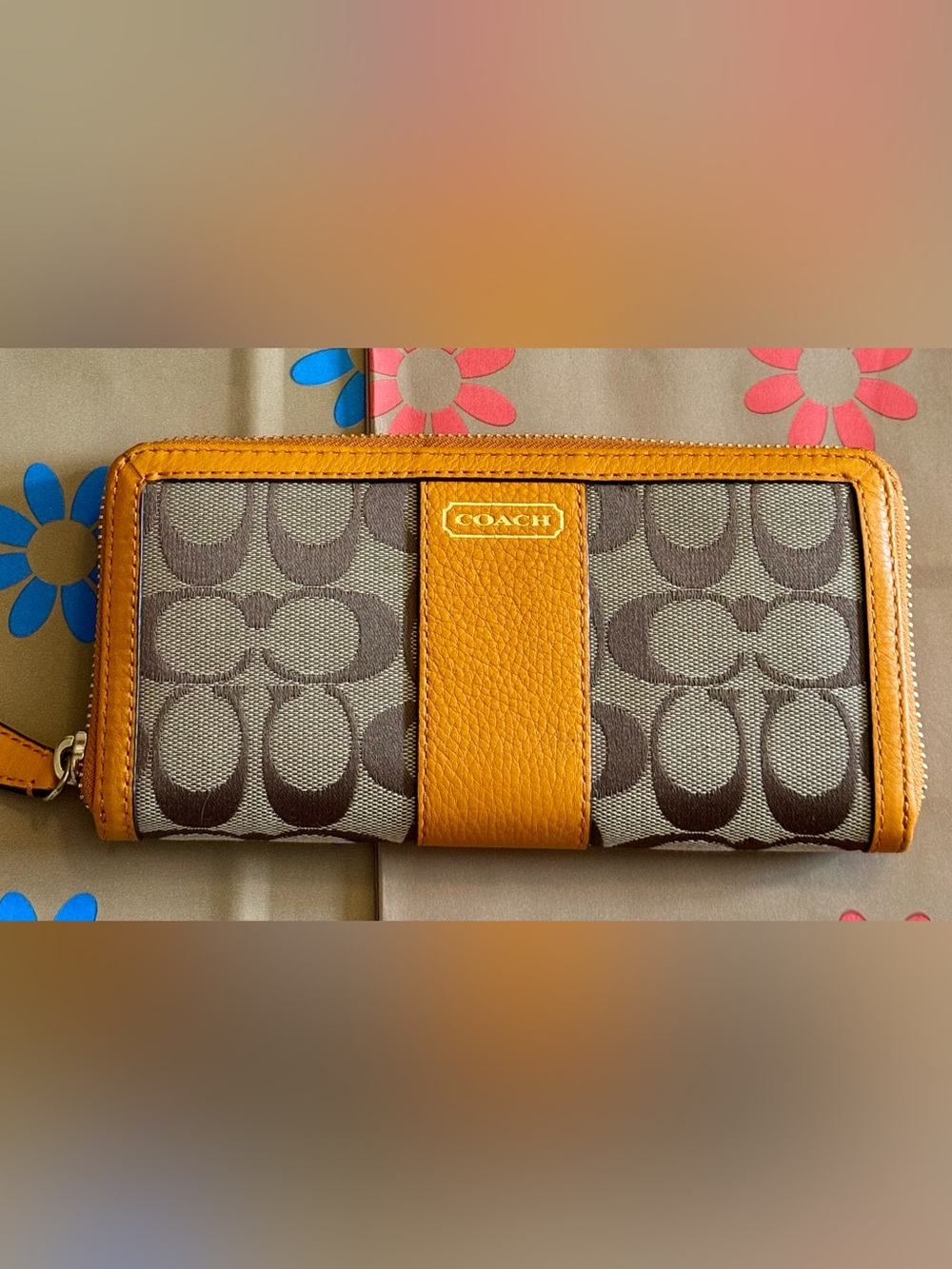 COACH Signature Canvas Wallet with Mustard Leather Trim